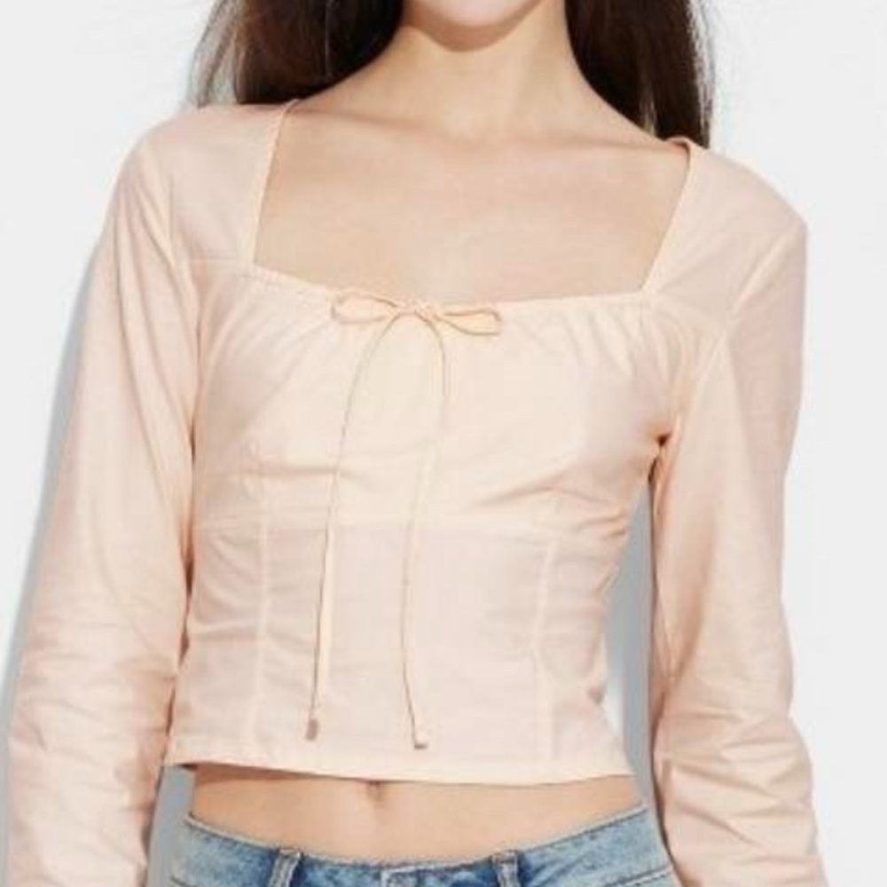 Wild Fable Fitted Poplin Bell Long Sleeve Top Womens‎ Medium Light Pink Smocked